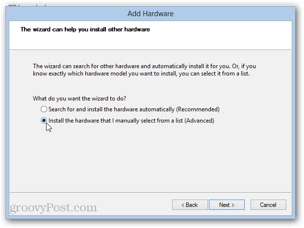 ajout de matériel avancé dans Windows 8 (installation de l'adaptateur de bouclage)