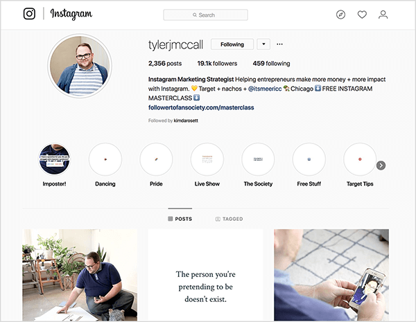 Tyler J. Le profil Instagram de McCall dit: «Stratège marketing Instagram Aider les entrepreneurs à gagner plus d