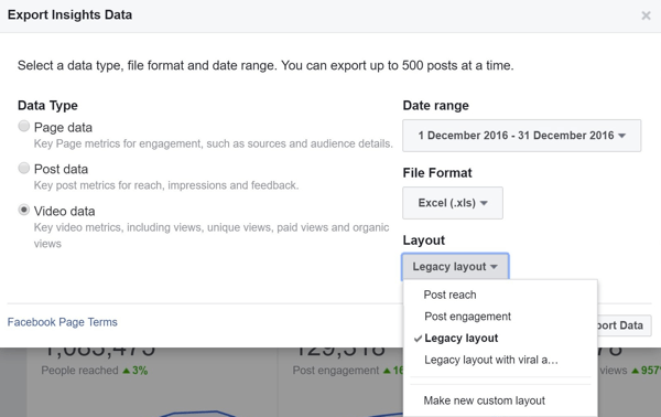 Lorsque vous exportez votre fichier de données vidéo Facebook, vous devez choisir la mise en page à télécharger.