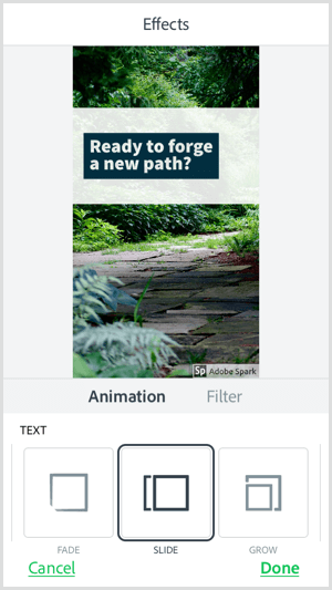 Sélectionnez une option d'animation de texte avec l'application mobile Adobe Spark Post.
