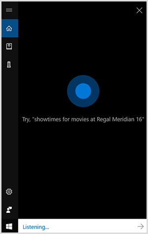 Cortana, l'interface conversationnelle de Windows, est une boîte verticale noire avec un point bleu au centre. Un champ blanc en bas indique qu'un appareil Windows écoute.