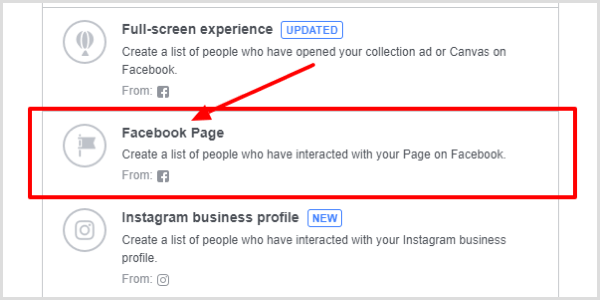 Choisissez Page Facebook comme type d'engagement.