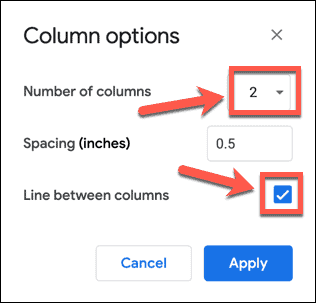 Choix des options de colonne dans Google Docs