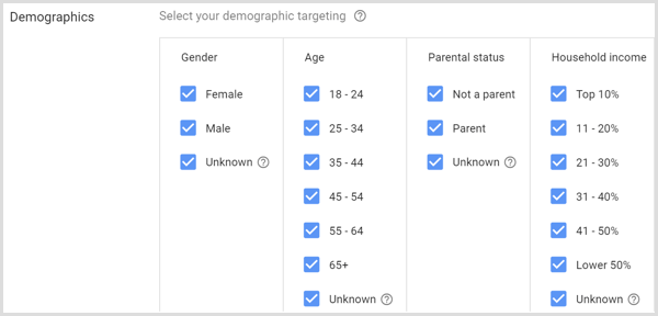 Paramètres démographiques de la campagne Google AdWords.