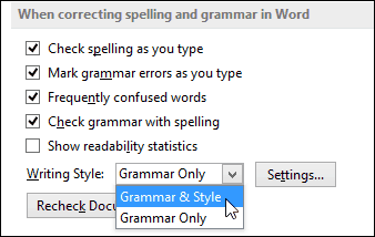 Word 2013 configurer la grammaire et le style déroulant