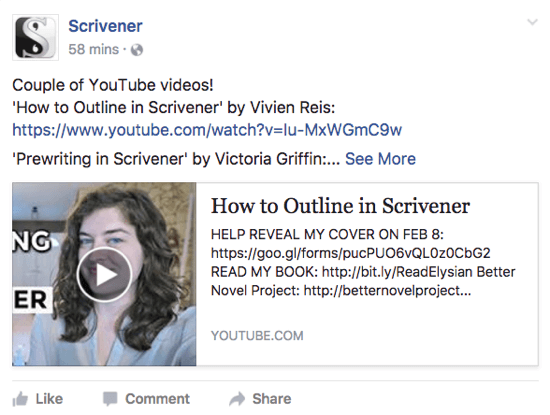 Scrivener partage une vidéo YouTube que les utilisateurs pourraient aimer sur sa page Facebook.