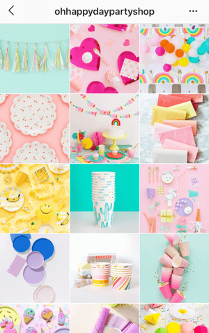 Comment améliorer vos photos Instagram, exemple de thème de flux Instagram de Oh Happy Day Party Shop montrant une palette de couleurs vives
