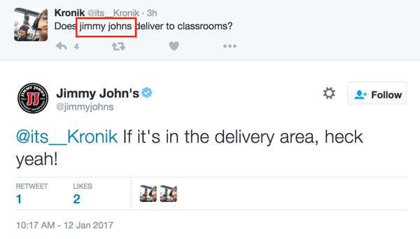 Jimmy John's surveille les conversations sociales pertinentes, que l'entreprise soit identifiée ou non.