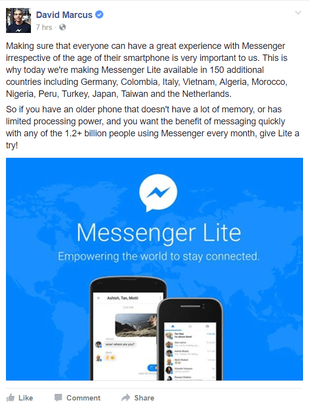 Facebook Messenger Lite est désormais disponible dans plus de pays à travers le monde.