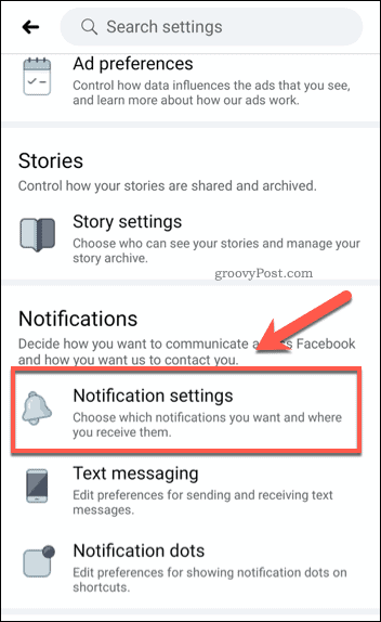 Option de paramètres de notification mobile Facebook