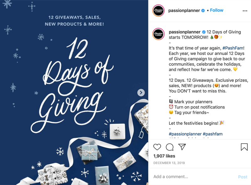 exemple de concours instagram pour les 12 jours de don de @passionplanner annonçant que le cadeau commence le lendemain