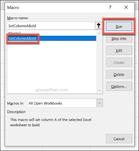 Le menu de sélection de macro pour exécuter une macro dans Excel