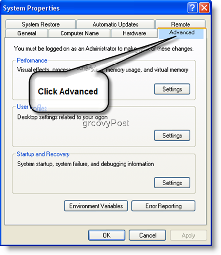 Propriétés système Paramètres avancés Windows XP