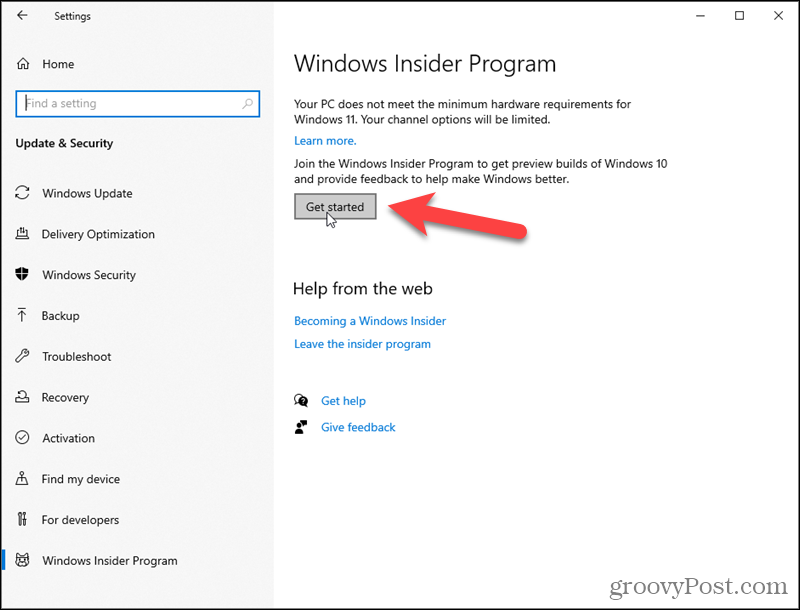 Cliquez sur Commencer pour le programme Windows Insider