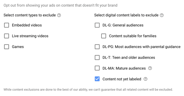 Comment configurer une campagne publicitaire YouTube, étape 15, définir les types d'exclusion et les options de libellé