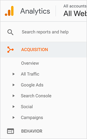 Ceci est une capture d'écran de la barre latérale de Google Analytics. Le logo apparaît en haut à gauche. Il s’agit d’un point orange à côté d’une barre orange, puis d’une barre jaune plus haute, suggérant un graphique à barres. De haut en bas dans la barre latérale se trouvent les options suivantes: une case intitulée «Rechercher dans les rapports et l'aide», Acquisition (qui apparaît en orange) et ses sous-options. Les sous-options sont Présentation, Tout le trafic, Google Ads, Search Console, Réseaux sociaux et Campagnes. Un petit triangle apparaît à côté de chaque sous-option, suggérant que vous pouvez voir des options supplémentaires en cliquant sur le triangle. La dernière option de niveau principal affichée est Behavior. Jennifer Priest utilise Google Analytics pour voir quelles épingles lui envoient le plus de trafic et évaluer quels hashtags, images et tableaux fonctionnent bien pour le trafic de son site Web.