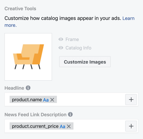 Utilisez l'outil de configuration des événements Facebook, étape 30, options de menu pour personnaliser la façon dont les images de catalogue apparaissent dans les publicités Facebook