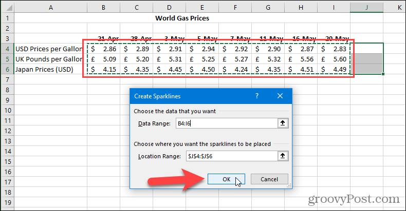 Créer une boîte de dialogue Sparklines dans Excel