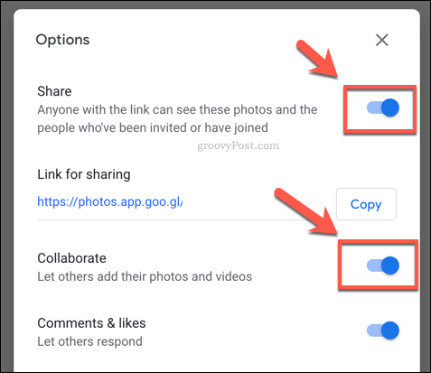 Options de partage d'album dans Google Photos
