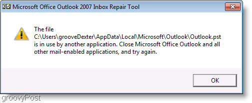 Capture d'écran - Fenêtre de message de réparation d'Outlook 2007 ScanPST