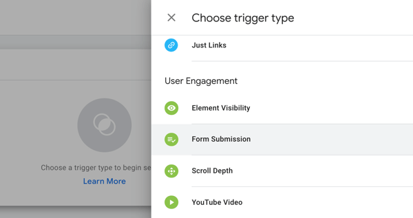 Utilisez Google Tag Manager avec Facebook, étape 19, options de menu pour choisir le type de déclencheur dans Google Tag Manager
