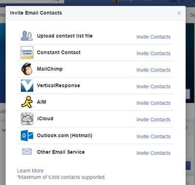 fonctionnalité d'importation de contact de messagerie de page facebook