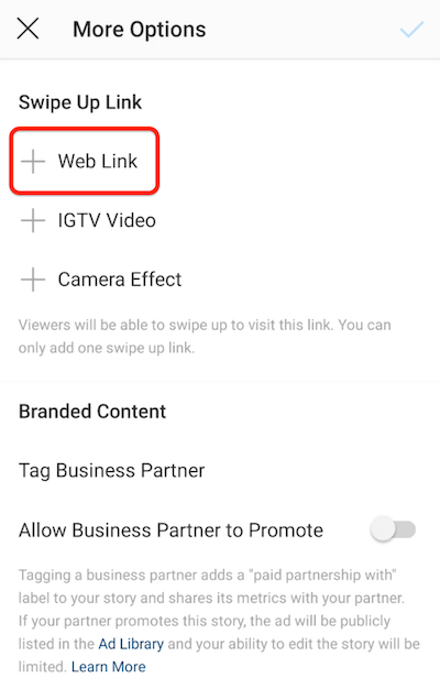Options de menu instagram pour ajouter un lien vers le haut avec l'option de lien Web en surbrillance