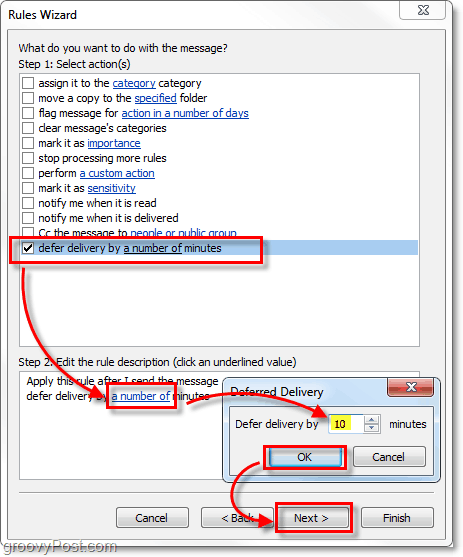 différer la livraison de x nombre de minutes à partir d'Outlook 2010