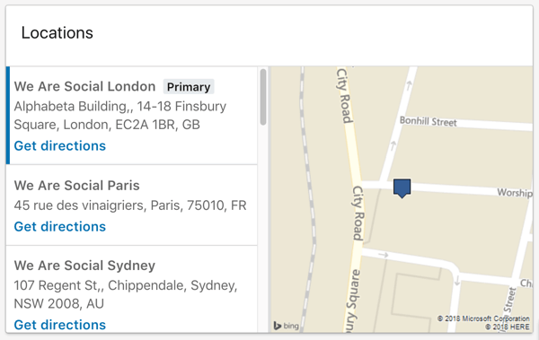 We Are Social LinkedIn page de l'entreprise À propos de la section présentant des emplacements dans le monde.