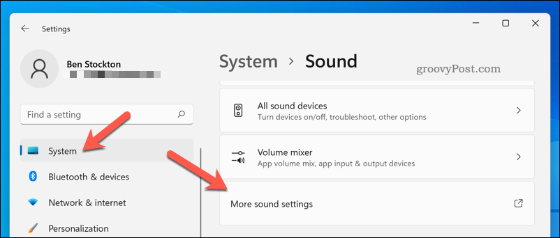 Ouverture du menu Plus de paramètres audio sous Windows 11