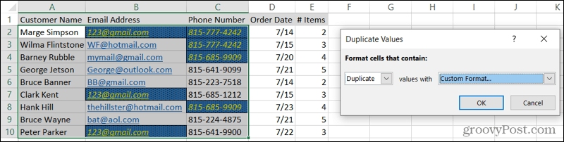 Doublons formatés personnalisés dans Excel