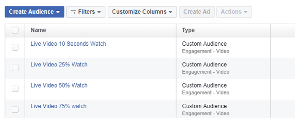 Dans Facebook Ads Manager, utilisez l'outil Audiences pour définir une audience de reciblage en fonction des vues des vidéos Facebook Live.