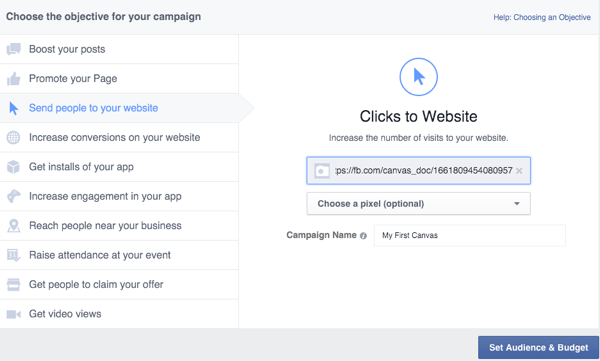 Création d'annonces sur toile Facebook dans le gestionnaire de publicités