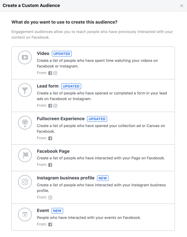 Options pour ce que vous souhaitez utiliser pour créer cette audience pour votre audience personnalisée Facebook.