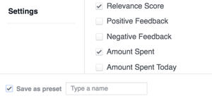 Enregistrez vos paramètres de résultats Facebook en tant que modèle.