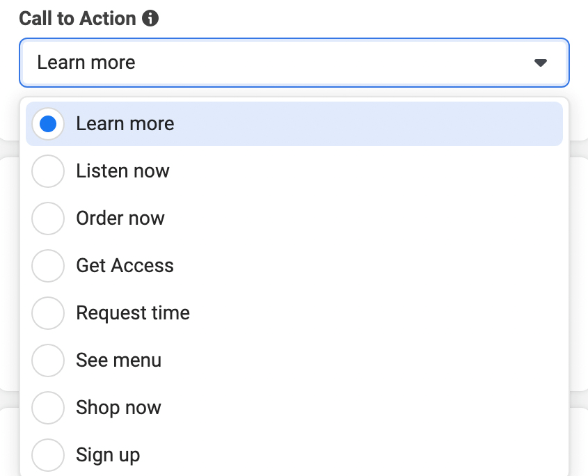 image des options du bouton d'appel à l'action dans Meta Ads Manager