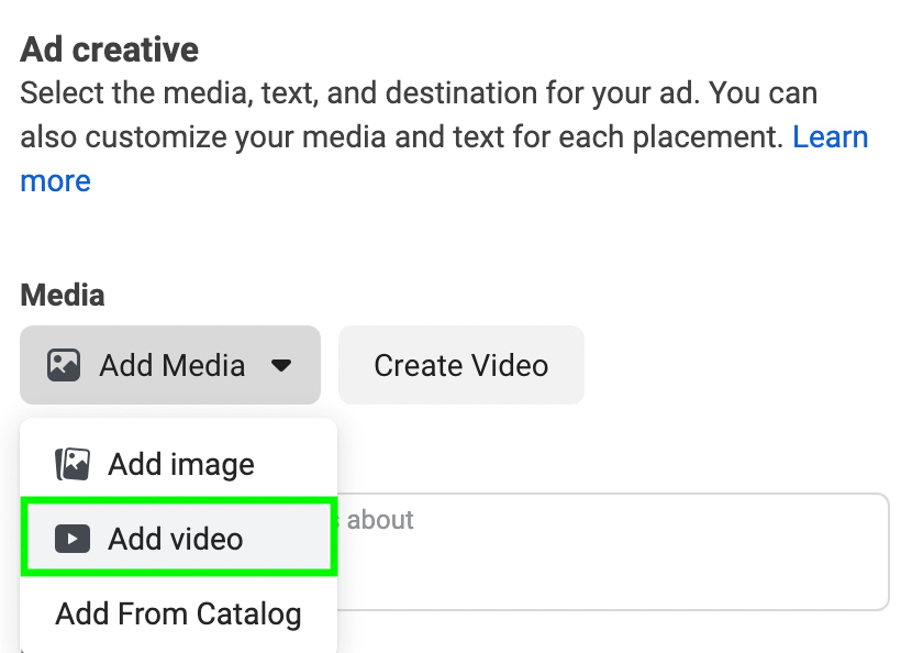 image de l'option Ajouter une vidéo lors de la configuration de la publicité Instagram
