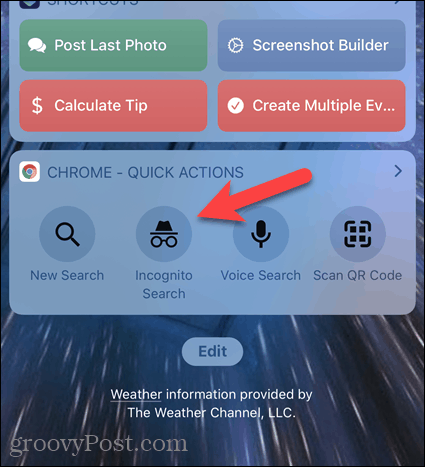 Appuyez sur Recherche incognito sur le widget Chrome sur iOS
