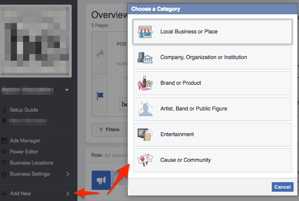 page facebook choisir la catégorie d'entreprise