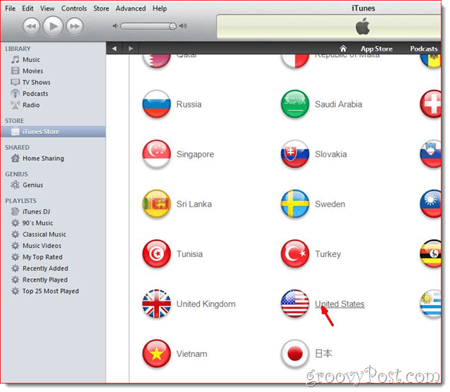 iTunes - Cliquez sur le drapeau des États-Unis