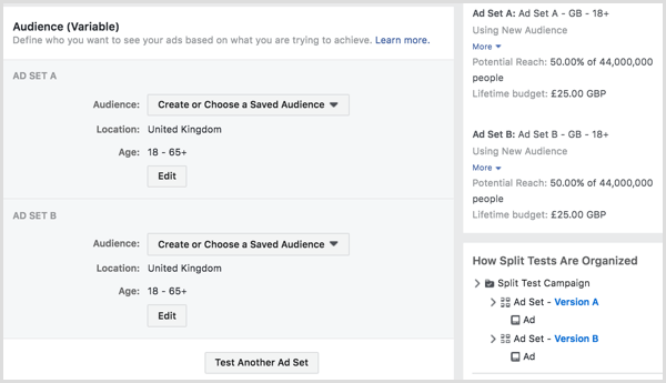Test fractionné exécutant vos publicités Facebook à deux ou plusieurs audiences.