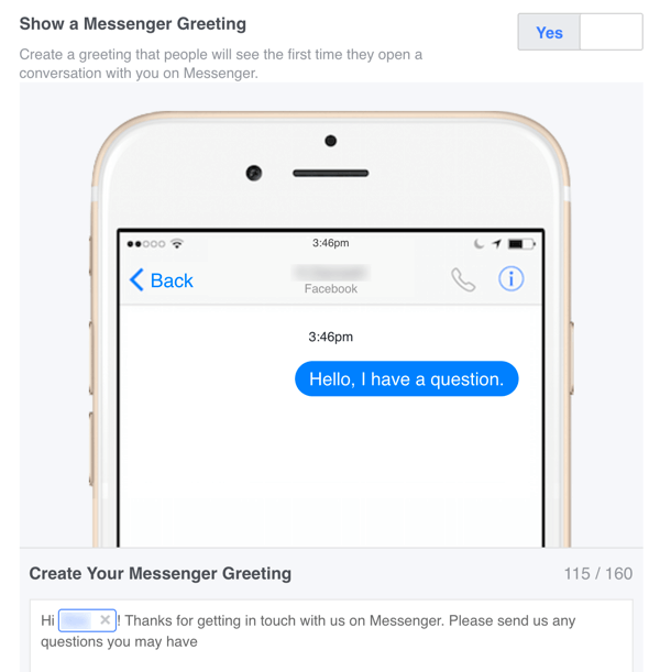 Vous pouvez configurer un message de bienvenue personnalisé pour Facebook Messenger dans vos paramètres.