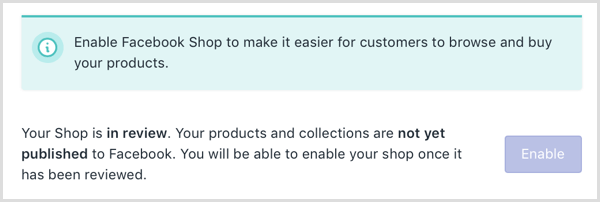 Shopify affiche un message en ligne indiquant que votre boutique Facebook est en cours d'examen.