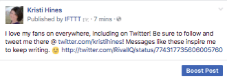 Voici à quoi ressemble un tweet aimé lorsqu'il est partagé sur votre page Facebook via IFTTT.