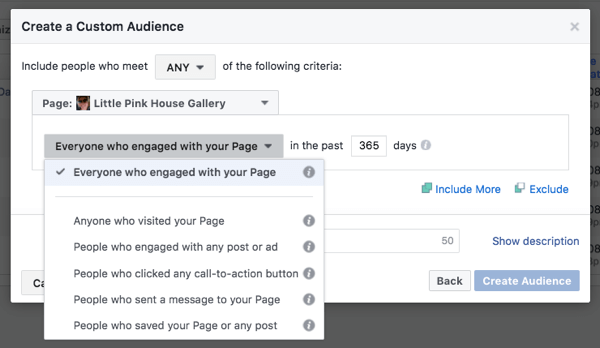 L'engagement de la page Facebook cible ceux qui ont interagi avec votre page d'entreprise.
