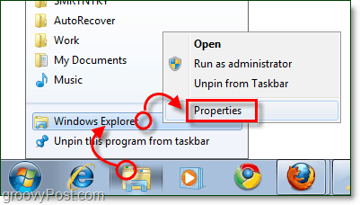 ajuster les propriétés du raccourci de la barre des tâches de l'explorateur Windows