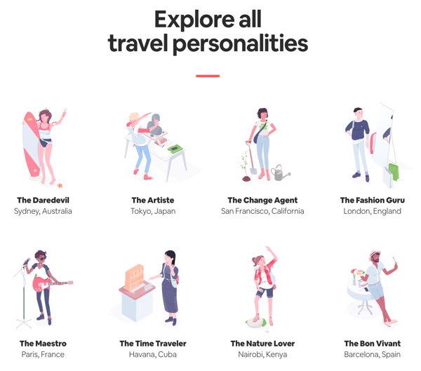Exemple d'une page de tous les résultats avec des résultats que l'utilisateur peut explorer à partir du quiz Travel Matcher d'Airbnb.