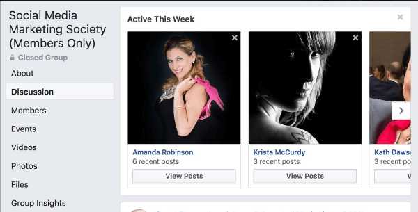 Facebook met en évidence quels membres du groupe ont été les plus actifs cette semaine dans le groupe.