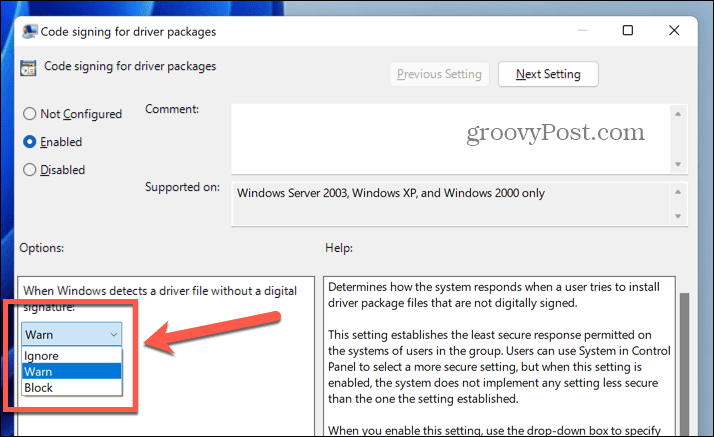 menu déroulant des options de signature de code de Windows 11