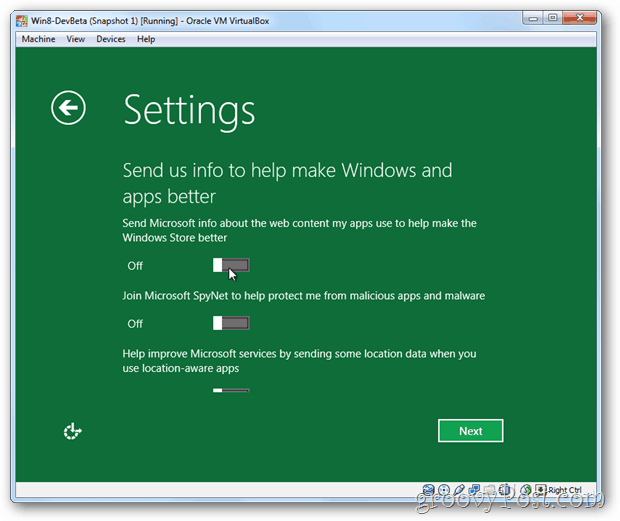 Informations de confidentialité de VirtualBox Windows 8 sur Microsoft